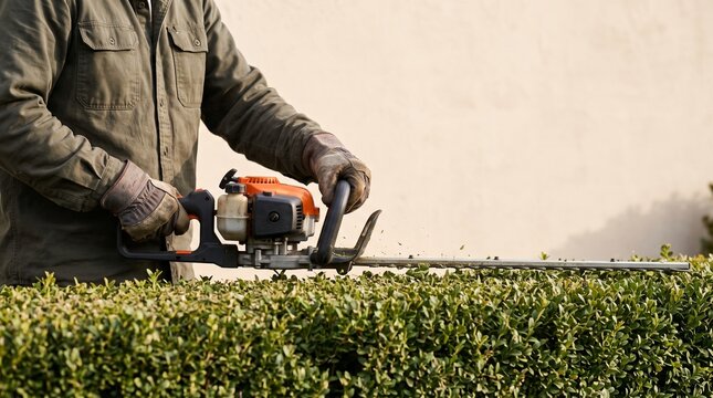Gardener cutting bushes with a gasoline hedge trimmer, professional landscaping work in a suburban garden, horticulture maintenance activity