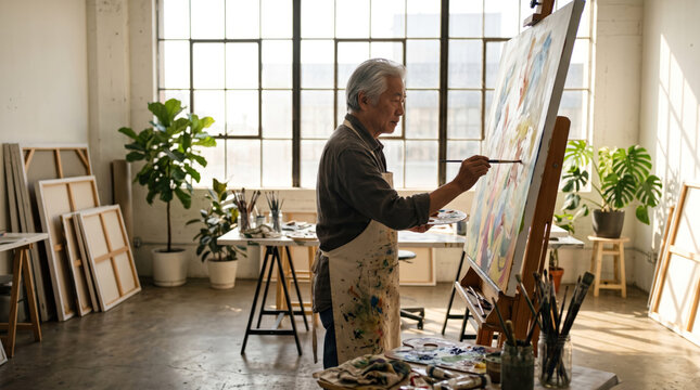 Elderly man painting colorful abstract artwork in bright studio, pursuing independent living through creative expression and focused practice.
