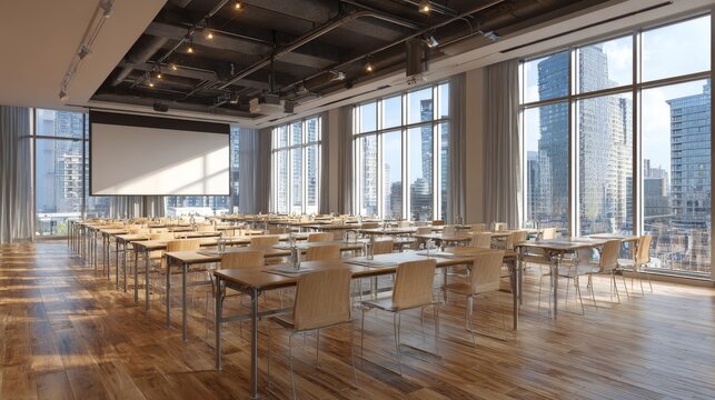 Modern corporate conference room with u-shaped meeting tables, projector screen, sunlit city skyline views, wooden flooring, professional business meeting space, team collaboration and executive prese