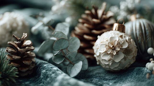 Christmas decoration creating a festive atmosphere with white ornaments, pine cones, and eucalyptus leaves arranged on a soft green background