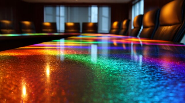 Vibrant modern conference room with colorful lights reflecting on meeting table, contemporary corporate office interior for business meetings, team collaboration, professional discussions, presentatio