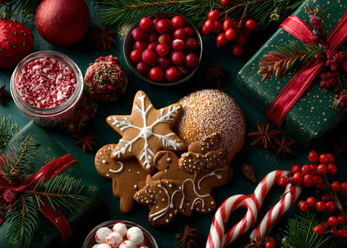 Festive christmas flat lay with red berries ornaments gingerbread cookies candy canes gifts and star confetti on a dark green background