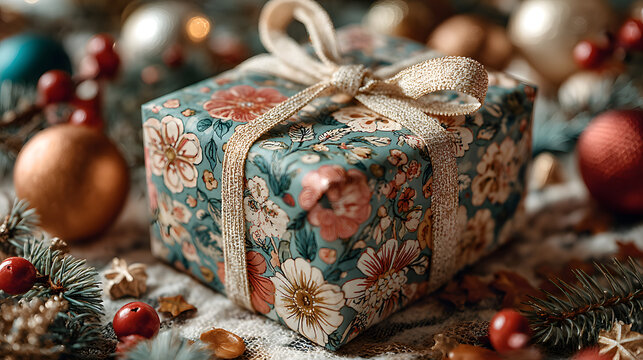 Charming flat lay of christmas gift surrounded by festive decorations on a white surface
