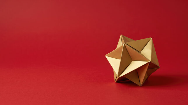 Geometric gold origami sculpture folded paper shape on red background with angular facets and minimalist design creates striking contrast.