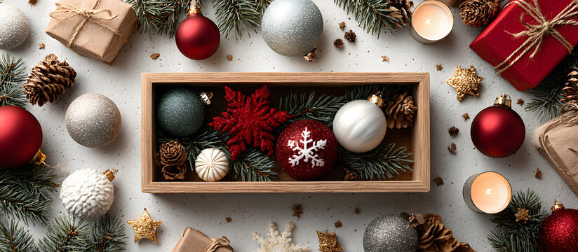 Christmas decorations and gifts are arranged in a festive frame on a white background providing empty space for design in this flat lay copy space image