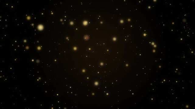 Golden dust particles gently floating in place on a dark background, soft bokeh, relaxing luxury seamless loop, 4K
