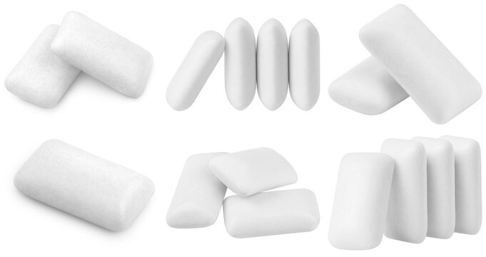 photograph of fresh white chewing gum pads in various arrangements, emphasizing refreshing breath, dental health, and minty flavor concepts.