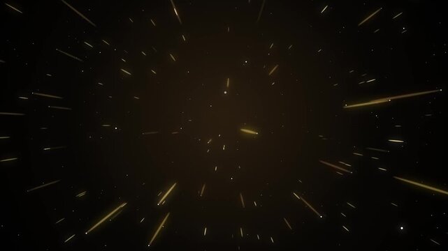 Golden light streaks and sparkling particles flying outward at warp speed on a dark background, seamless loop, 4K