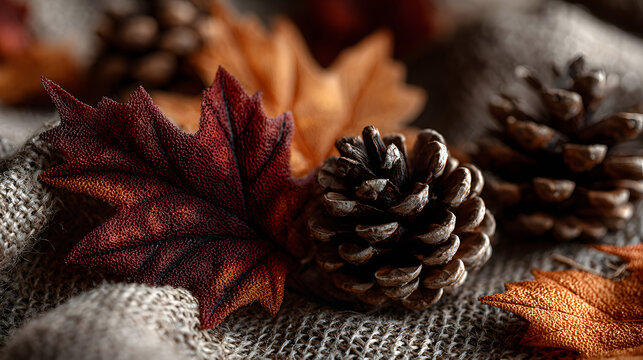 November 26 Thanksgiving Day autumn leaves and pinecones flat lay on burlap fabric, rustic harvest-themed design .
