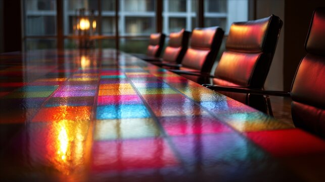Vibrant modern conference room with colorful lighting reflecting on meeting table, contemporary corporate office interior for business meetings, team collaboration, professional discussions, presentat