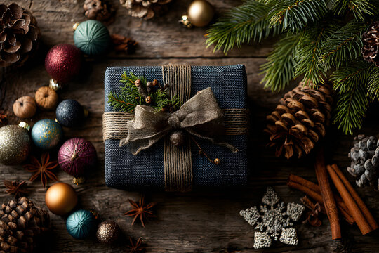 Christmas flat lay background with present and decorations.