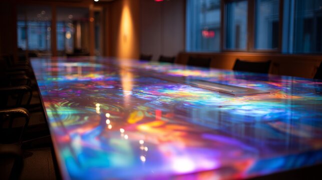Vibrant modern conference room with colorful lighting reflecting on meeting table, contemporary corporate office interior for business meetings, team collaboration, professional discussions, presentat