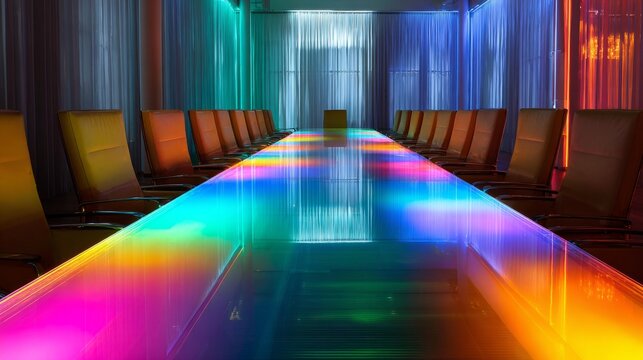 Vibrant modern conference room with colorful lights reflecting on meeting table, contemporary corporate office interior for business meetings, team collaboration, professional discussions, presentatio