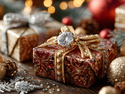Festive flat lay of diamond jewelry in gift boxes with holidaythemed wrapping paper and decorations