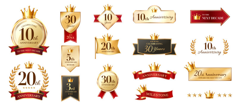 Luxury gold anniversary emblem vector set with crown laurel ribbon and numbers for celebration badge