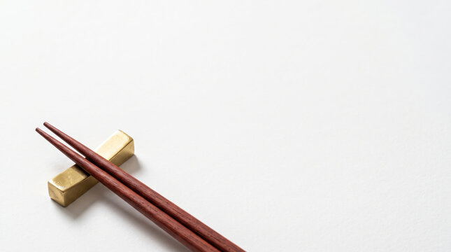 Dark red wooden chopstick pair on gold rest, minimalist composition leaving ample white space for elegant dining presentation.