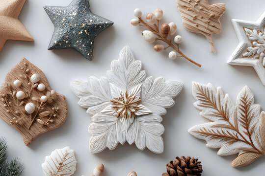 Christmas composition. Wooden decorations, stars on white background. Christmas, winter, new year concept. Flat lay, top view, copy space.