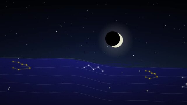 Animated starry night sky with glowing constellations and crescent moon over ocean waves