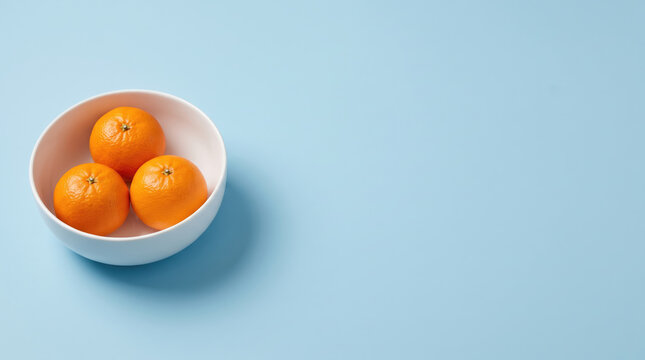 White bowl with three orange mandarin fruit on pale blue background, minimalist still life with generous copy space and soft natural shadow.