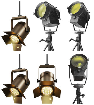 collection of vintage studio spotlights and stage lights, casting warm yellow beams and showcasing their classic industrial design against black.