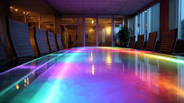Vibrant modern conference room with colorful lighting reflecting on meeting table, contemporary corporate office interior for business meetings, team collaboration, professional discussions, presentat