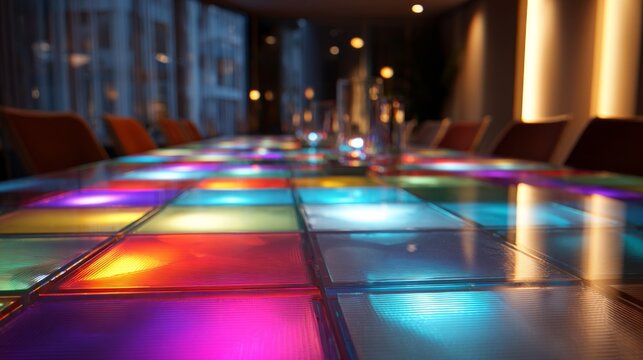 Vibrant modern conference room with colorful lighting reflecting on meeting table, contemporary corporate office interior for business meetings, team collaboration, professional discussions, presentat