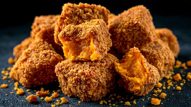 Crispy golden fried breaded cheese cubes arranged on a dark surface with finger food