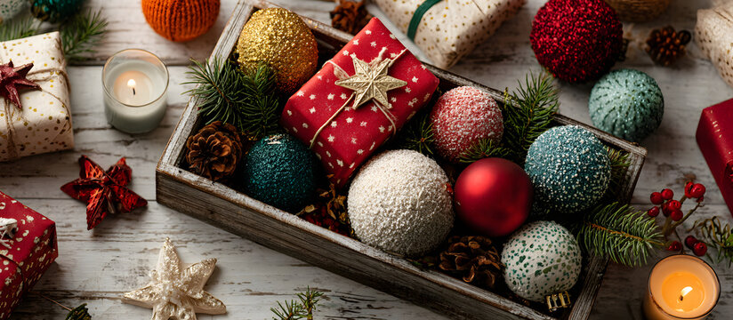 Christmas decorations and gifts are arranged in a festive frame on a white background providing empty space for design in this flat lay copy space image