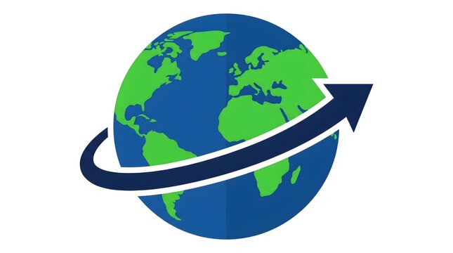 A stylized flat icon of a green and blue globe with a dark blue arrow orbiting around it