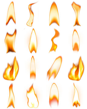 collection of vibrant, isolated fire flames in various dynamic shapes and sizes, ideal for concepts of warmth, danger, energy, and combustion.
