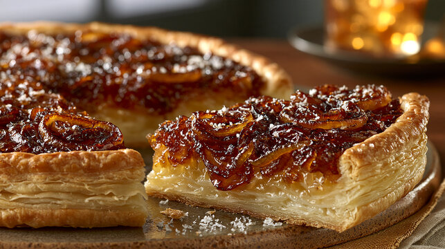 Slice of glazed tart with caramelized onions on wooden cutting board