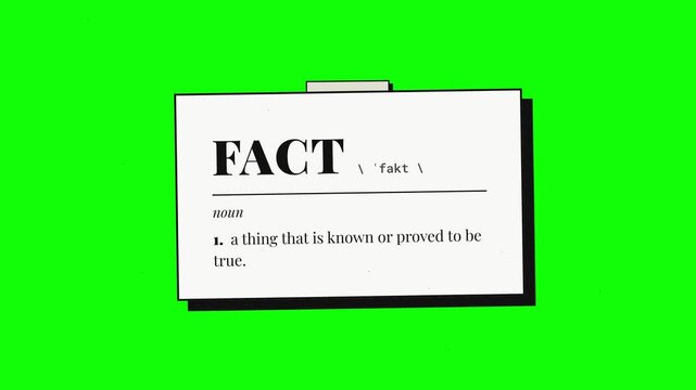 Three white cards displaying dictionary definitions of fact and fake against a solid green background