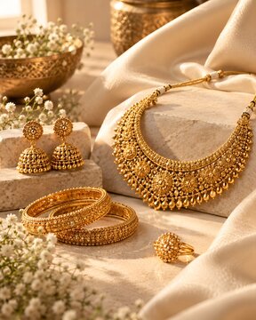 Traditional Indian Gold Jewellery Set Featuring Ornate Necklace, Jhumka Earrings, Bangles and Ring on Beige Stone