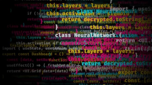 Abstract digital background with colorful programming code lines moving across a dark screen with colors scrolling horizontally
