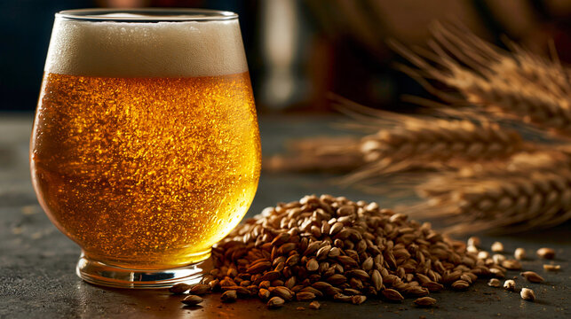 Glass of golden light beer with barley grains and wheat on table