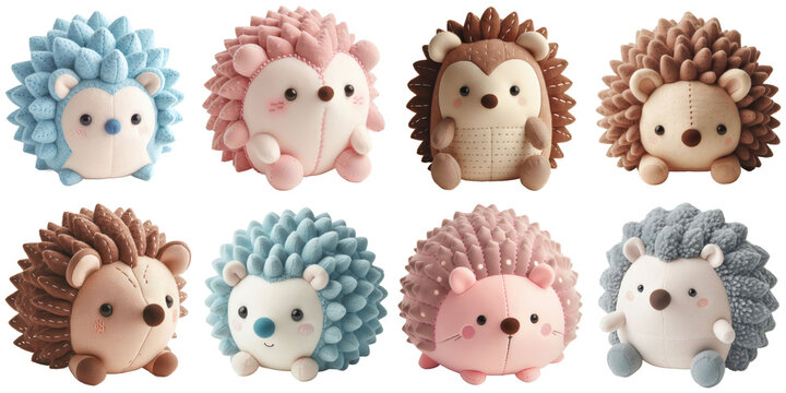 adorable collection of eight plush hedgehog toys in various pastel colors, perfectly isolated on a white background, ideal for children's themes.