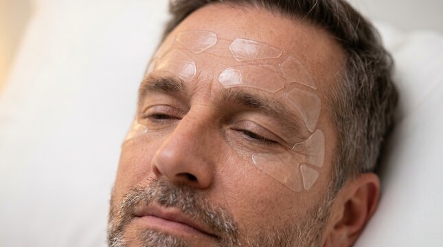 Mature man lying down with transparent anti wrinkle patches on forehead and under eyes for skincare