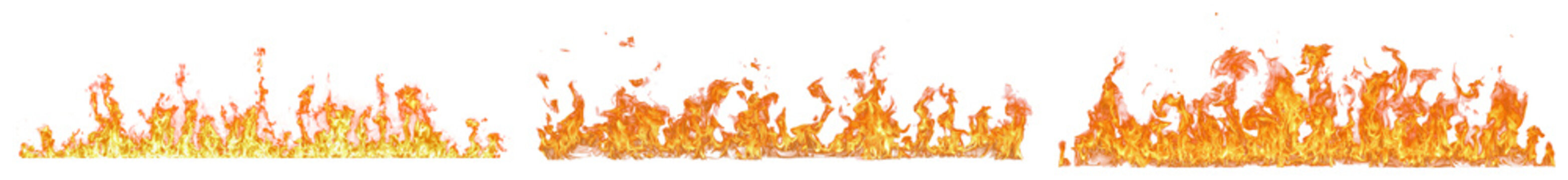 dynamic collection of realistic fire flames in various shapes and intensities, isolated on a transparent background, for visual effects.