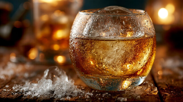 Glass of whiskey on the rocks served on a dark wooden table with ice cubes