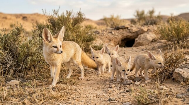 Fennec fox and four young pups gather on a rocky desert trail among sparse shrubs
