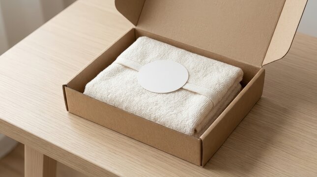 Open cardboard box with a neatly folded white textile inside and a round sticker on top.