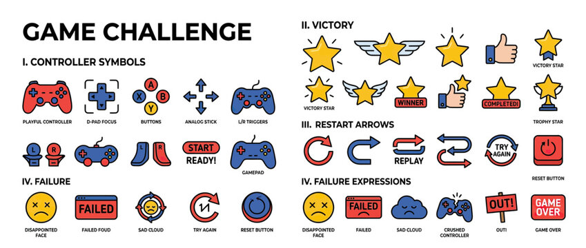 Video Game Icons Collection: Controller, Victory, Restart, and Failure Symbols