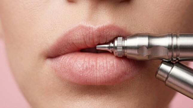 Macro close up of woman lips undergoing permanent makeup lip blush tattooing procedure
