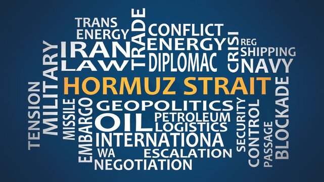 A word cloud on a dark background features the text Hormuz Strait in the center, surrounded by related geopolitical terms like oil and navy.