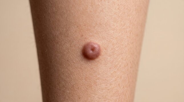 Macro shot of a benign skin nodule cyst or dermatofibroma on human leg