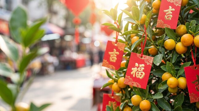Vibrant Kumquat Tree Adorned with Lucky Red Envelopes for Chinese New Year Celebration