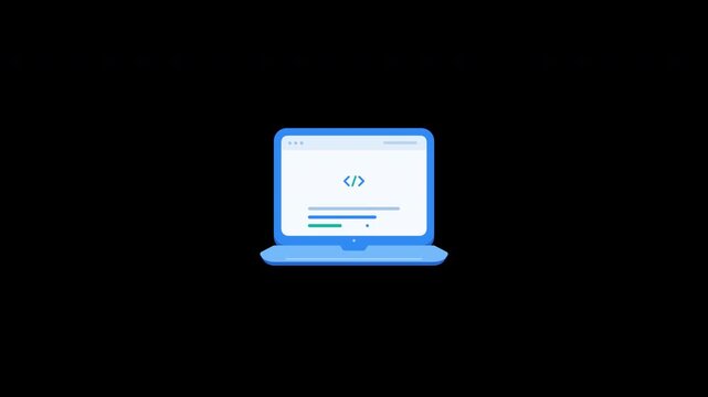 Seamless loop animation of a flat design laptop with coding symbols and lines of script, featuring a transparent background with alpha channel for web development overlays.