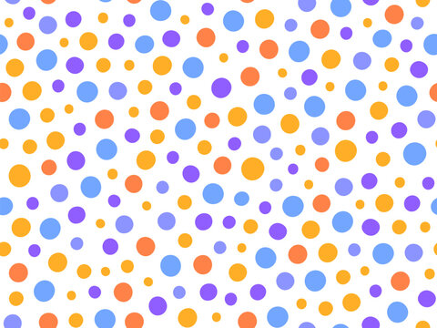 Cute polka dot seamless textile pattern background, geometric kids simple polkadot print texture bg. Vector repeating tile, spotty backdrop with scattered round dots in blue, purple, orange and coral