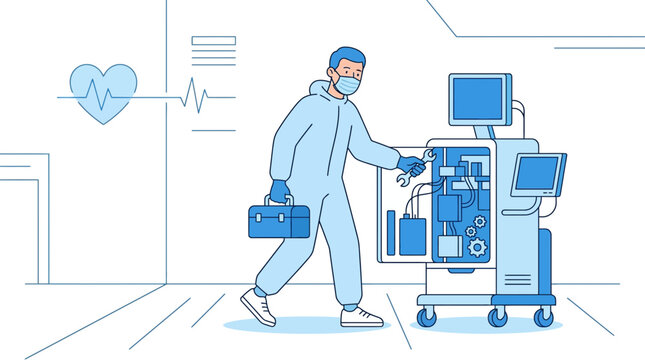 Medical technician repairs hospital equipment, ventilator maintenance, healthcare.