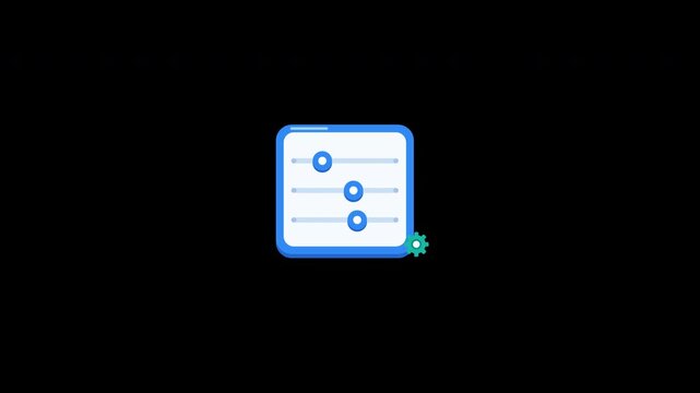 A flat-style blue settings icon featuring moving sliders and a rotating gear. This animated UI element is a seamless loop with alpha channel for easy integration into projects.